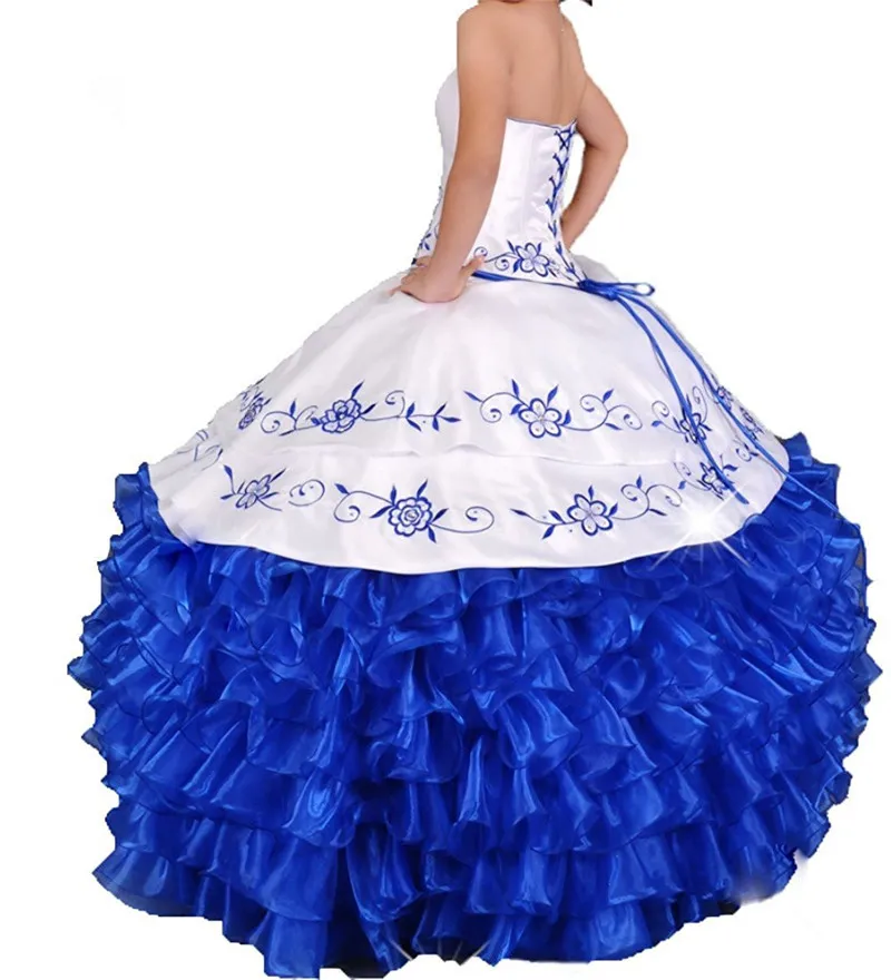 레이스와 화이트 블루 자 수 공 가운 Quinceanera 드레스 Organza 플러스 사이즈 달콤한 16 드레스 Vestido Debutante Gowns BQ45