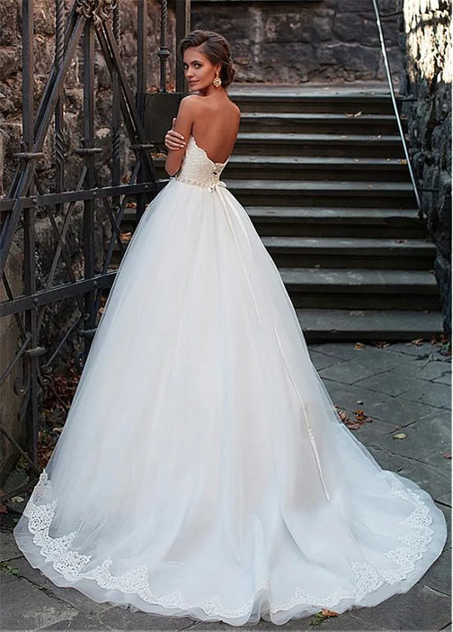 Amazing Tulle Sweetheart Neckline Ball Gown Wedding Dresses With Lace Appliques Beading Sash Bridal Dress vestido de novia
