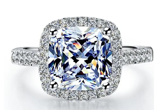Envío gratis rápido 3 CT Wholesales agujero estilo sintético diamante princesa corte anillo de compromiso de plata esterlina 18k anillo chapado en oro blanco