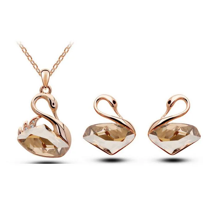 18K Gold Silver Plated Swan Austrian Crystal Necklace Earrings Jewelry Sets for Women Wholesale Price