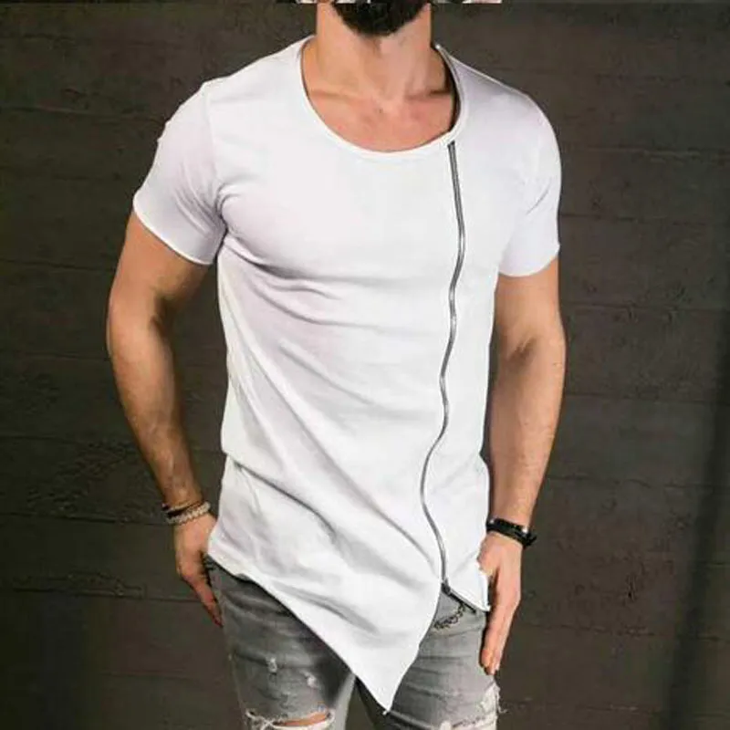 Cotton Tee Męski pokaz mody Stylowy długi koszulkę Asymetryczne boczne zamek błyskawiczny duży szyja T-shirt Mężczyzna Hip Hop Tee221a