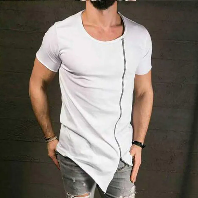 T-shirt in cotone Sfilata di moda da uomo T-shirt lunga elegante T-shirt asimmetrica con cerniera laterale con collo grande T-shirt a maniche corte maschile T-shirt hip-hop