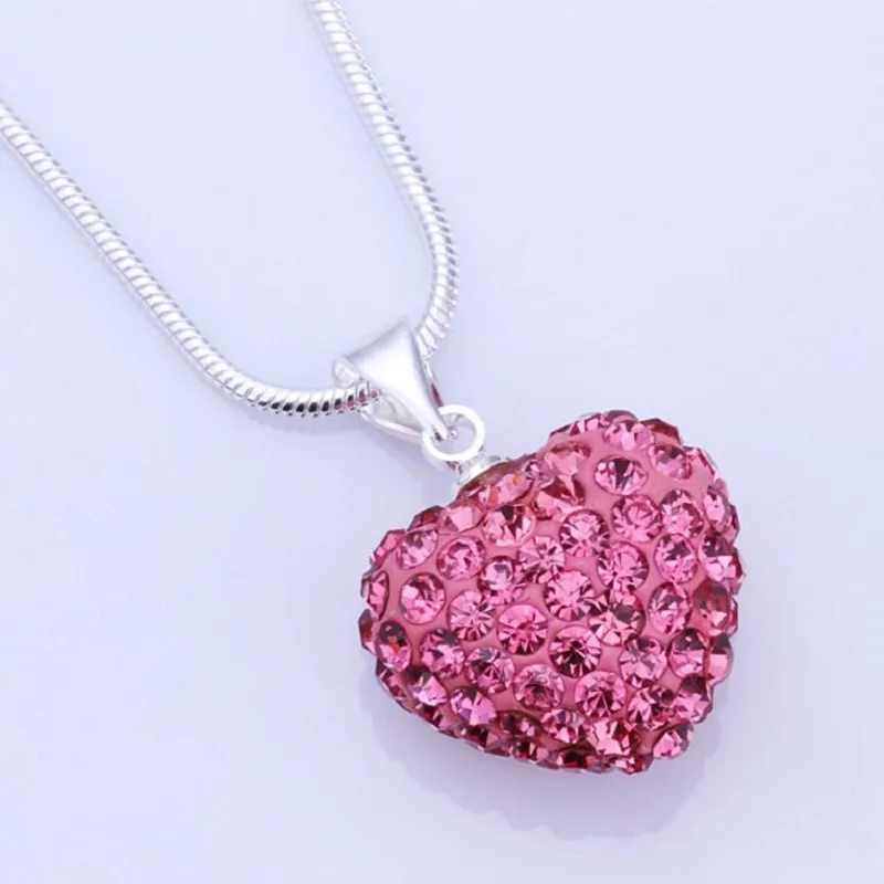 Wholesale Heart Crystal Shamballa Necklace Silver plated Jewelry Rhinestone Crystal Bead Necklace Women Jewelry Gift Free Shipping