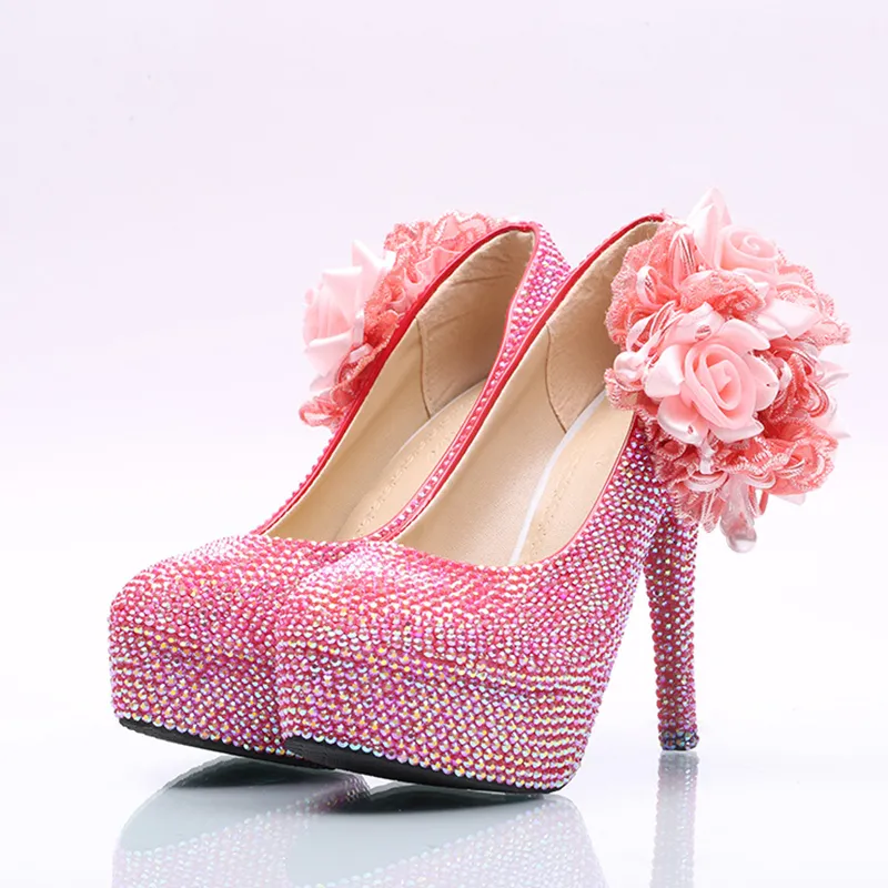 New Arrived Gorgeous Women Dress High-Heel Pink AB Color Flower Crystal Wedding Party Shoes Handmade Banquet Bridal Pumps