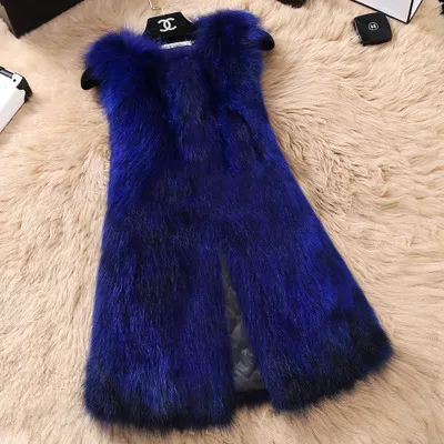 Höst Vinter Ny Kvinnors Lyxig O-Neck Bomullad Förtjockning Raccoon Fur Solid Färg Lång Vest Ärmlös Coat Casacos SmlXLXXL3XL