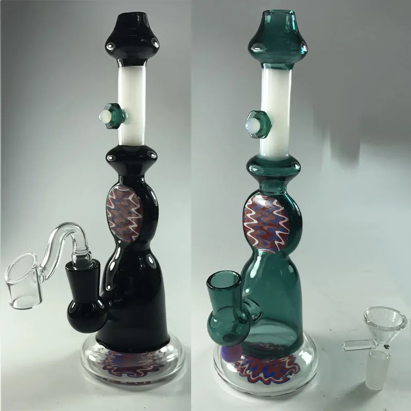 Twee kleuren zwart / jager glazen bong met kegel kom mode patroon glas water pijp hoge kwaliteit recycler olierigs rokende waterpijpen