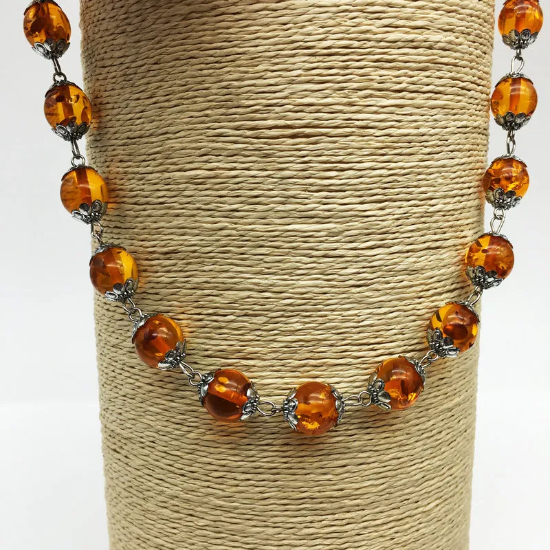 Fashion Tibet silver round amber beads necklace bracelet earrings set with 0.47 "DIY manual amber suit