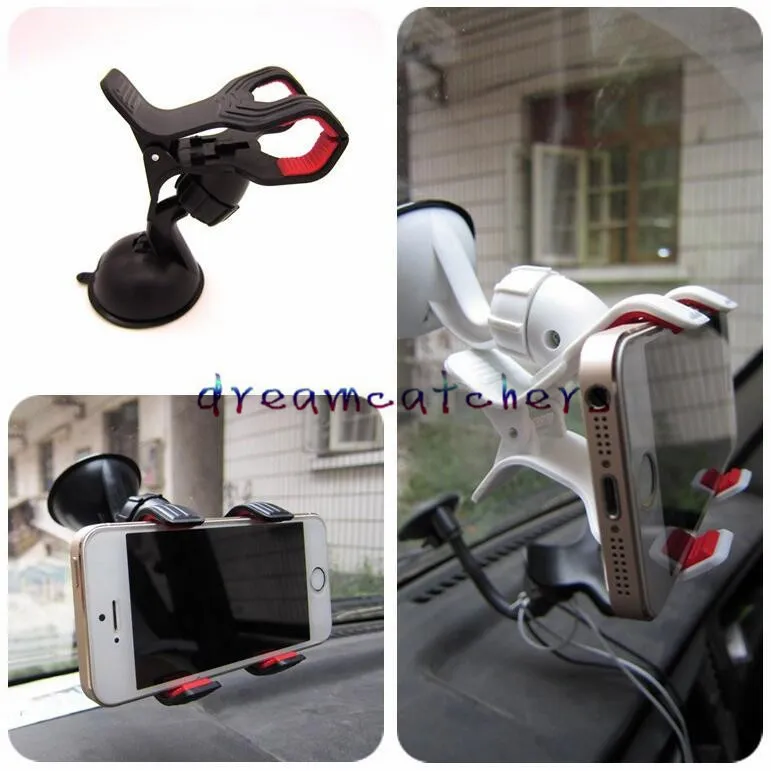 Universele Windscherm Dubbele Clip Auto Mount Houder Mobiele Telefoon Roterende Beugel Zuignap Houder Stand voor iPhone 7 Samsung S7 LG HTC