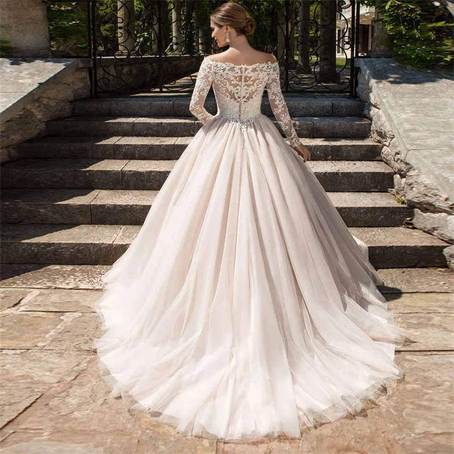 Tulle Long Sleeve Blush Color Wedding Dress V-Neck Ball Gown Appliques Lace casamento Bridal Gowns Illusion Back vestido de noiva