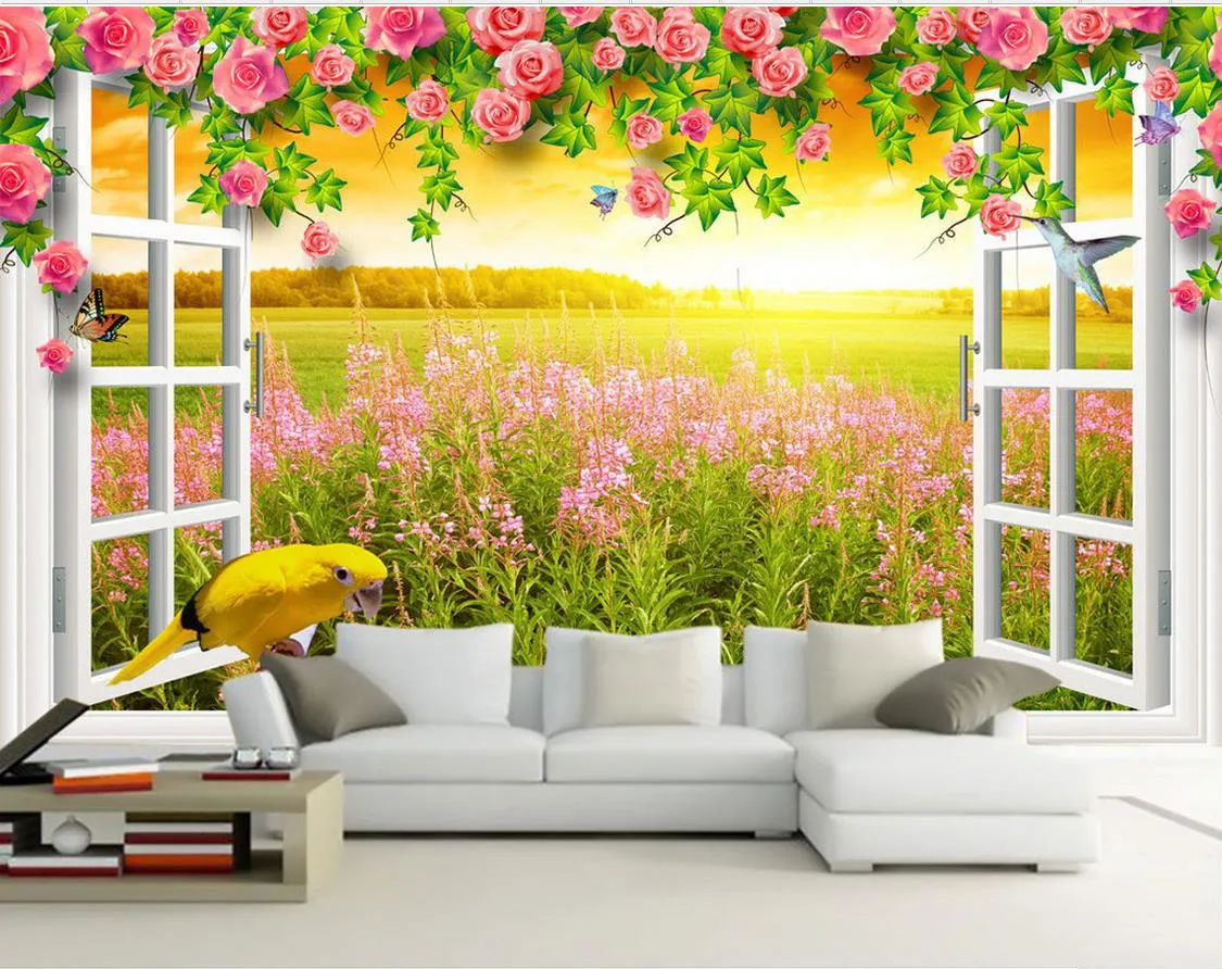 High Quality Customize size Modern White window flower vine daylight field view 3D background wall wallpapers for living room