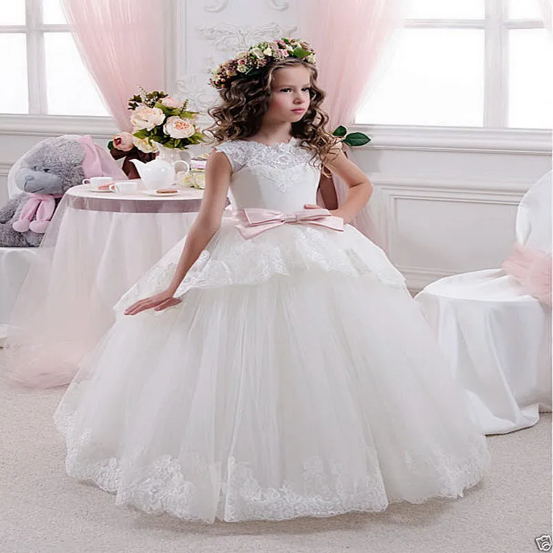 2019 Principessa Bianco Tulle Pizzo Tutu Abito di Sfera Lungo Fiore Ragazza Abiti Ragazze Prima Comunione Abiti Di Compleanno vestido de daminha