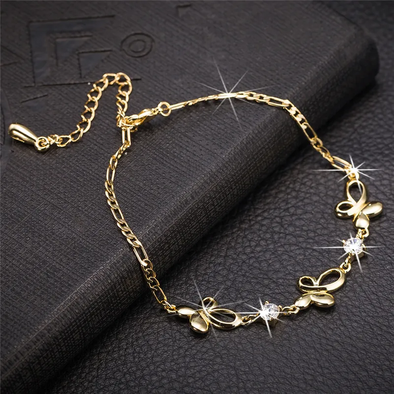 Dulce diseño 18K chapado en oro amarillo CZ mariposa tobillera pulsera cadena cadenas para niñas mujeres para fiesta de boda