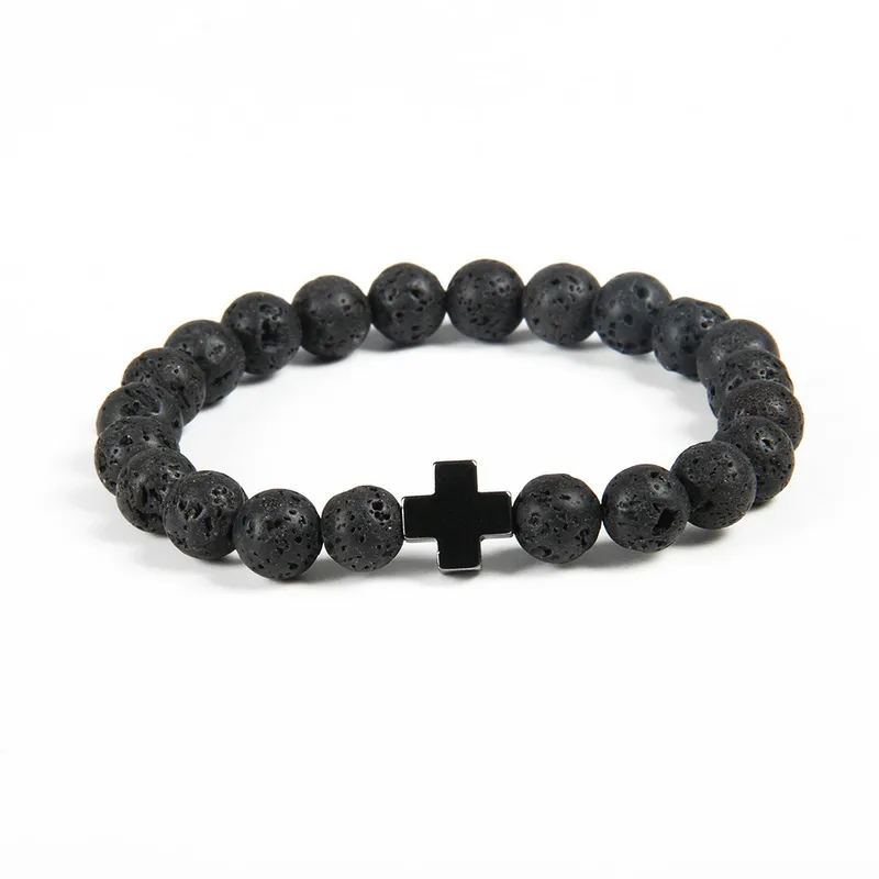 New Design Bracelet Wholesale 10pcs/lot 8mm Best Quality Lava Stone Beads with Hematite Royal Cross Jesus Bracelets