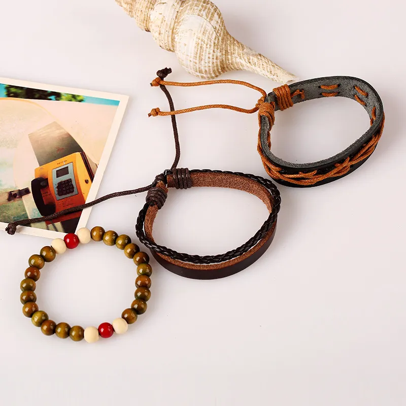 Punk Rope Wrap Handmade Leather Wooden Beaded Charm Bracelets Set For Women Men Vintage Jewelry Accessories