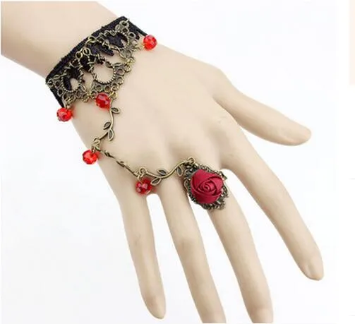 Vintage Fleur Vigne Cristal Dentelle Bracelets Lolita bijoux avec Rose Anneaux femmes élégant Nouveau cadeau de Noël multicolore 