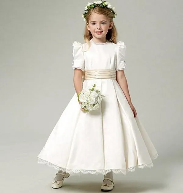 vintage flower girl dress jewel neck ankle length bubble short sleeves lace hemline ivory satin flower girl dresses with champagne bow sash