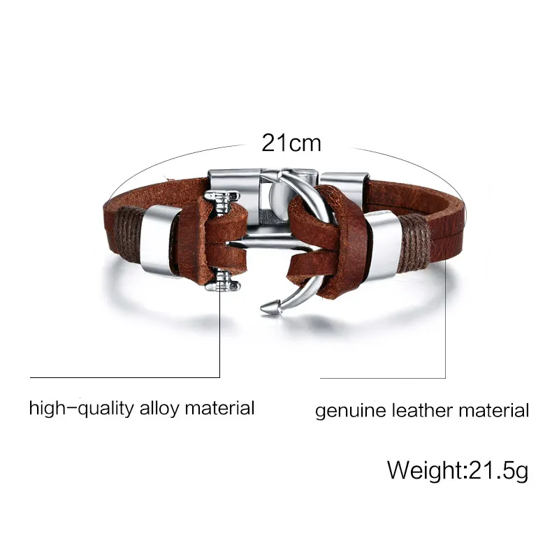 Pulseira de couro masculina jóias pirata estilo liga pulseira de âncora para masculino joyeria ancas pulsera brazalete