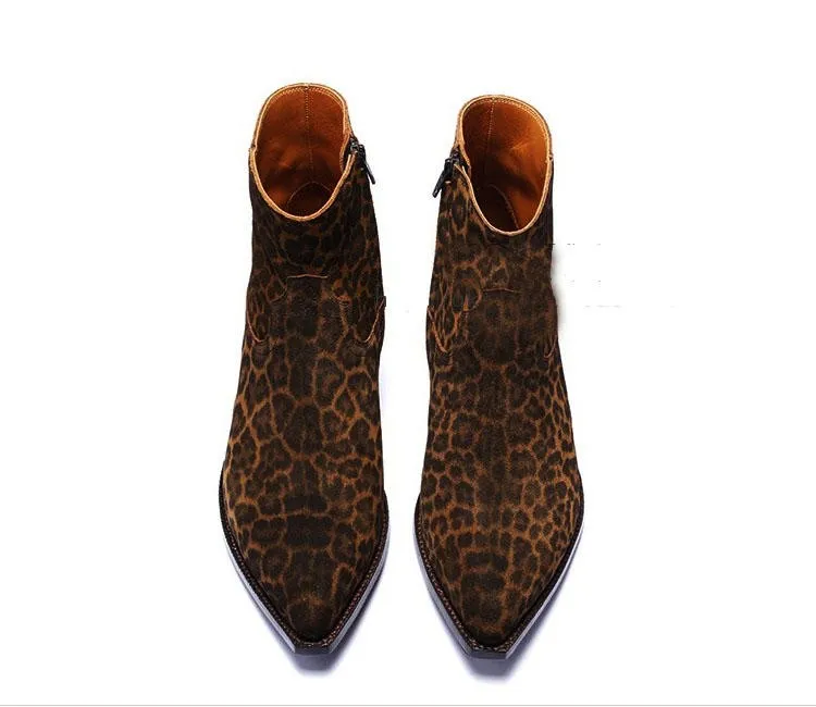 Leopard Mens Biker Boots Western Wyatt Shoes Plus Size 46 Men's Genuine leather Fashion Chelse Boots for men