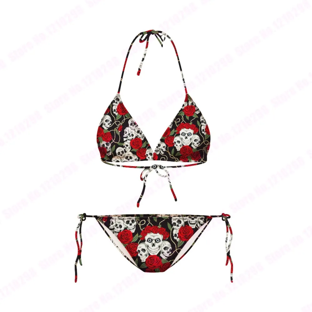 Set bikini con teschio con stampa 3D Fiore colorato Bacio con teschio Costumi da bagno a due pezzi Dita con teschio Costumi da bagno con fasciatura da donna economici