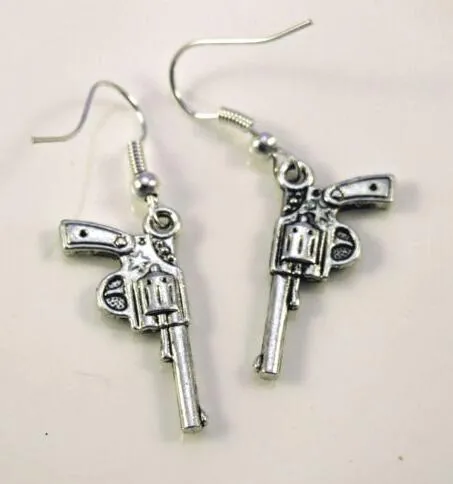 Style Pistol Gun Mixed Revolver Bullet Drop Dangle Earrings 925 Silver Fish Ear Hook 50Prairs Tibetan Silver Chandelier Earring Jewelry Gift