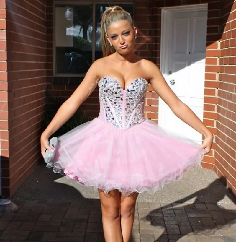 Classic Pink Sweetheart Rhinestone Prom Dresses Sexy Free Shipping Formal Evening Gowns Lace Up Sweetheart Vestidos Festa Short Prom Dress