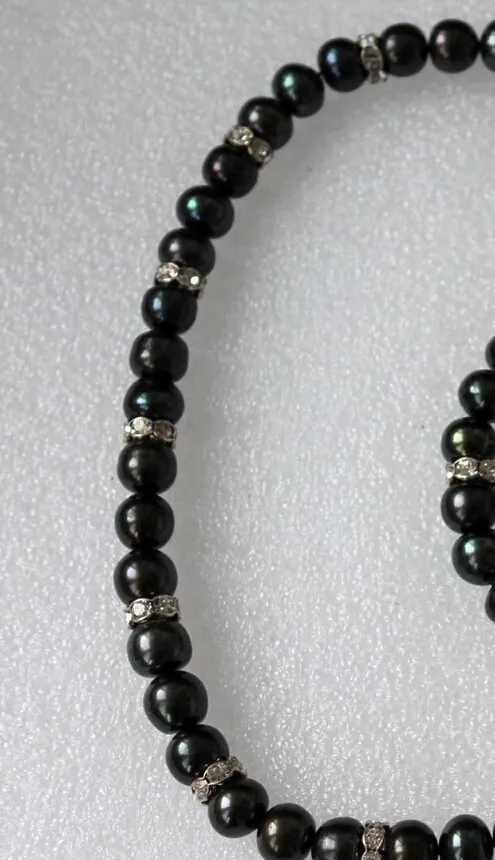 Fine pearls jewelry Tahitian Black Peacock Pearl Rhinestone Spacer Necklace 20inches