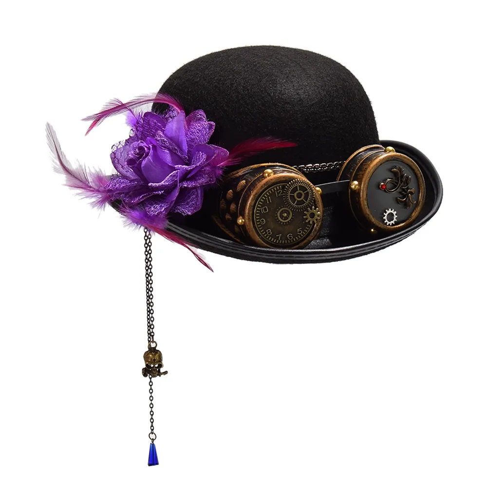 Vintage steampunk gear óculos preto cartola unissex couple039s marrom pena fedora festa cosplay acessório headwear3177336