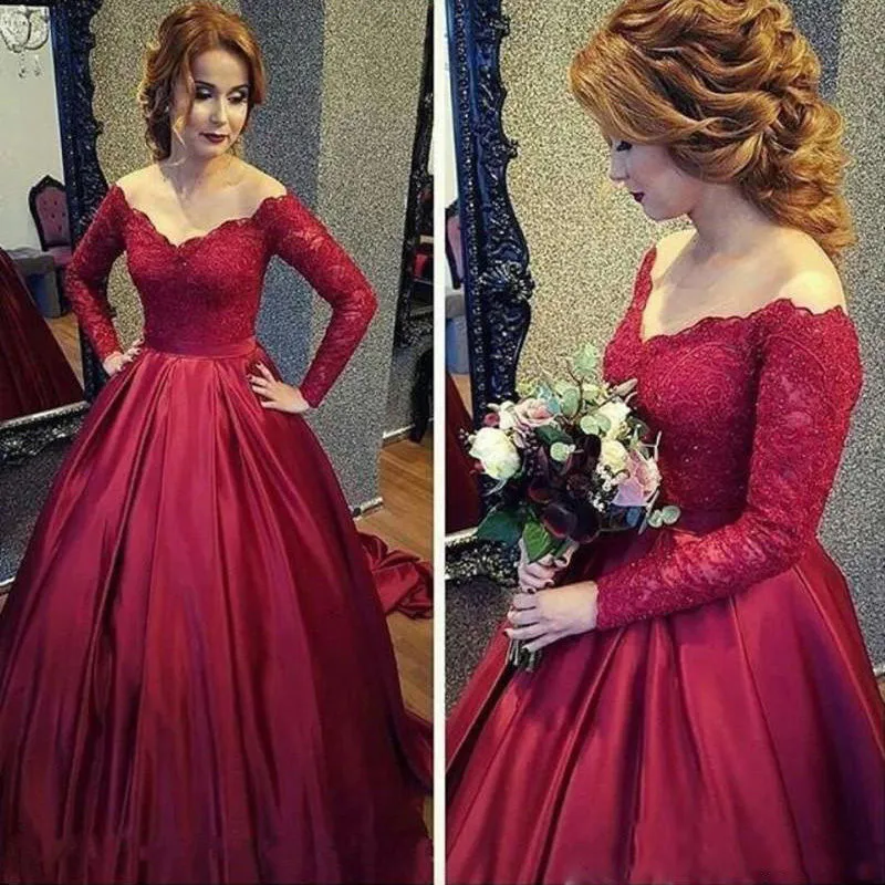 2017 Unique Ball Gown Dark Red Satin Long Sleeve with Lace Evening Gowns Elegant Princess V Neck Prom Party Dresses