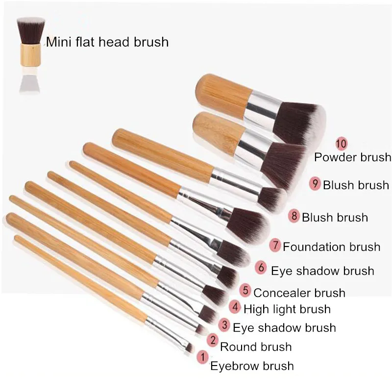Bambuhandtag Make Up Brushes Set Professionell Blush Foundation Eyeshadow Kosmetisk Maquiagem Multipurpose Makeup Brush Kit med påse