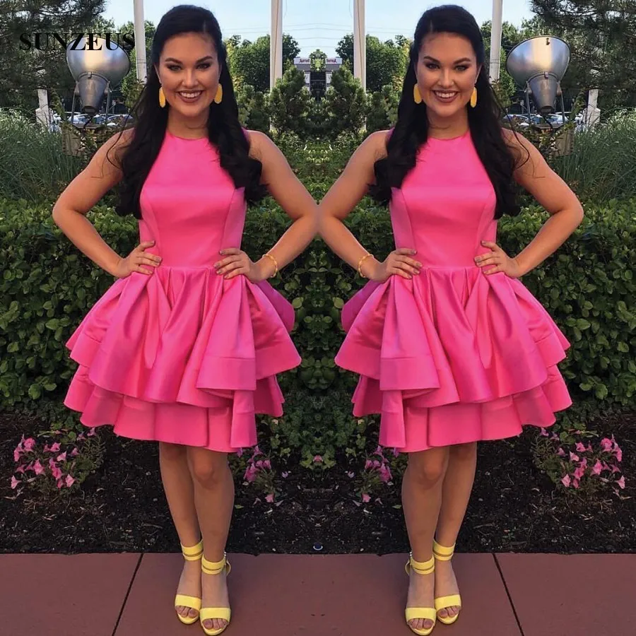 Satin Two-Layered A-Line homecoming dress with Jewel Tank and Sleeveless for Girls' Prom Party