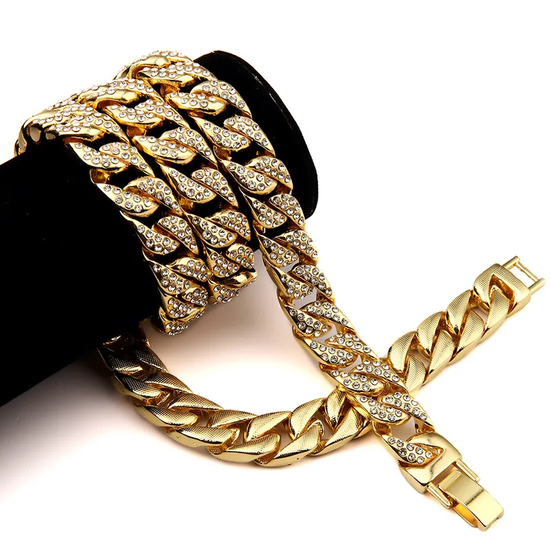 Partihandel-Hip Hop Bling Fullt Iced Out Men's Electrolated Miami Cuban Link Chain Gold Halsband Simulerad Ädelsten Hipster Smycken