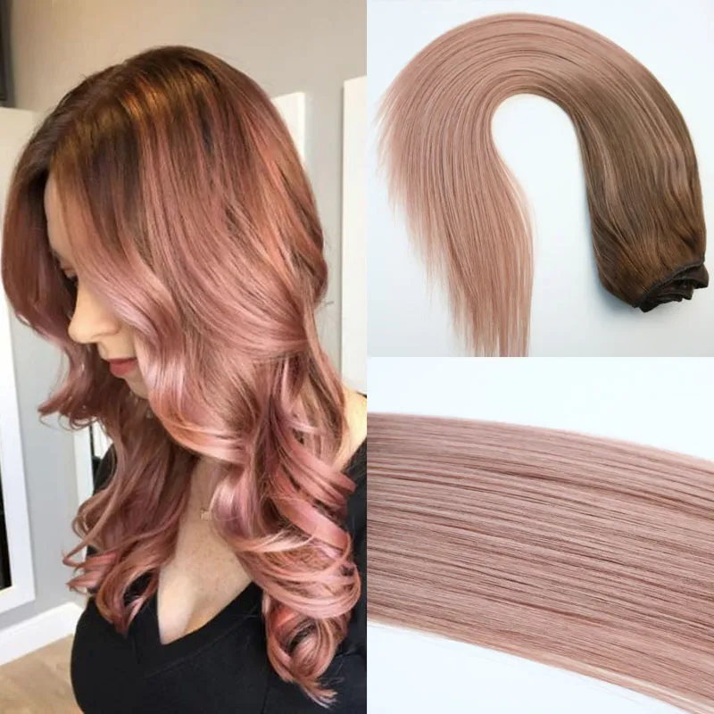 120g Full Head Clip In Human Hair Extensions Ombre Pink Brown Tips #3 Rose Gold Balayage Hair Extensions Highlights