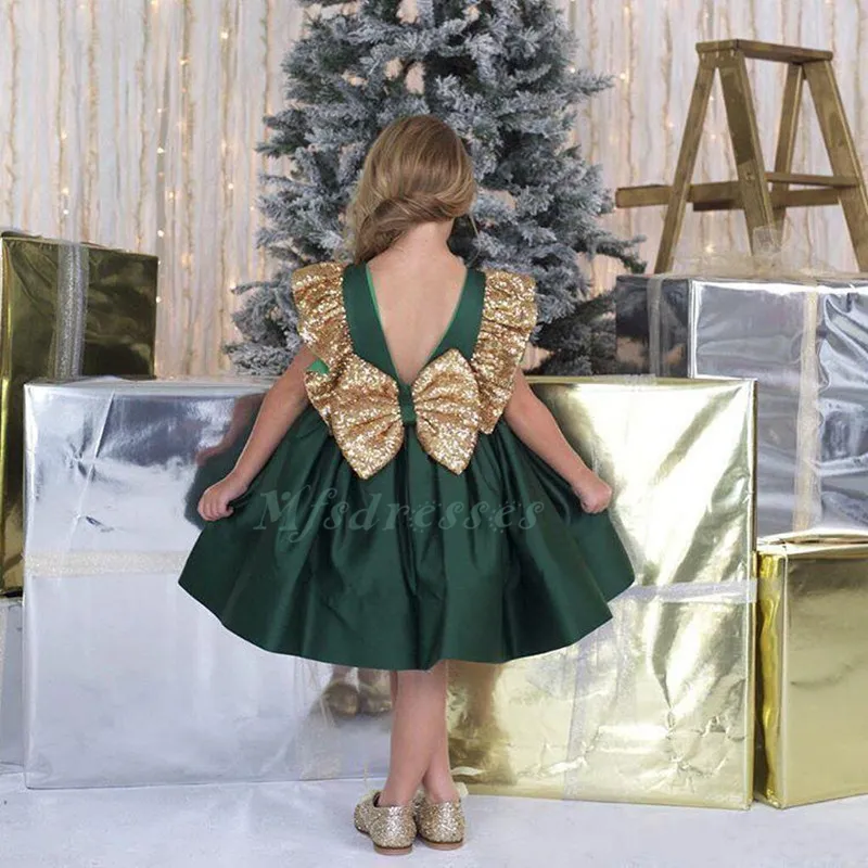 Emerald Green Knee-Length Flower Girl Dress with Gold Sequins - Perfect for Birthdays, Christmas, and Formal Parties