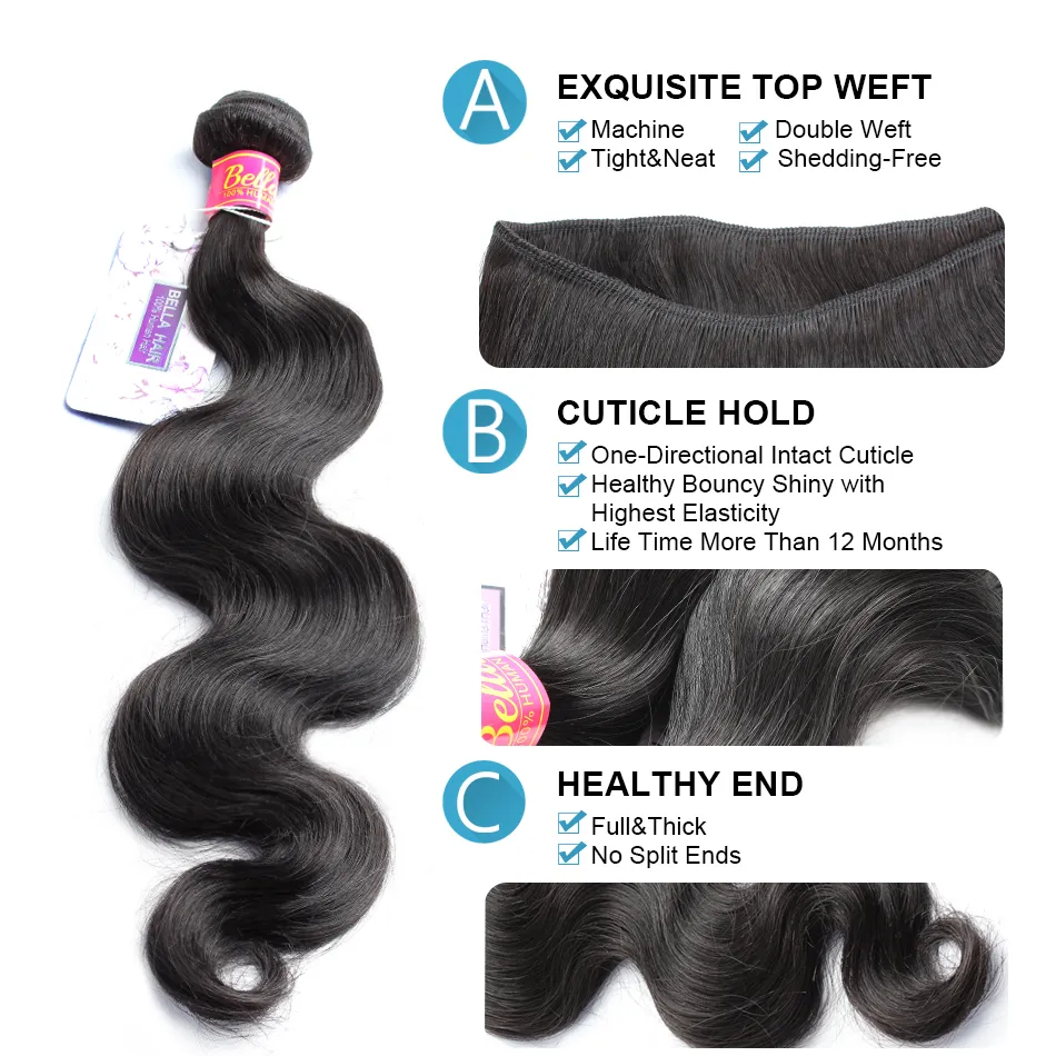 full head 100 unprocessed malaysian human virgin hair weaves with closure body wave hair weft top lace closures 4x4 bellahair