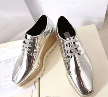 Yeni ücretsiz kargo Stella Mccartney Stell kadın Ayakkabı İtalya Elyse Altın Glitter Beyaz Sole Kama Oxford Derby Britt Platformu