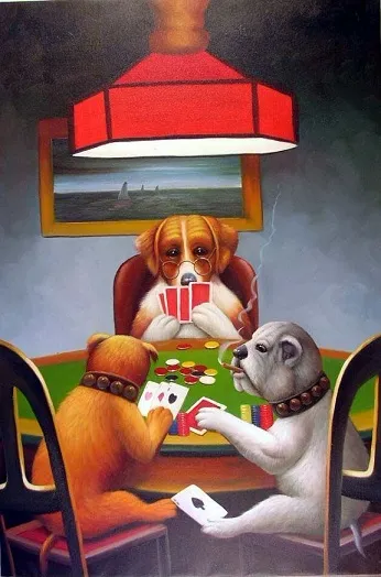 Cassius-Hunde spielen Poker, Freund in Not, klassisches großes handgemaltes Tier-Pop-Art-Ölgemälde, Museumsqualität, verschiedene Größen J048