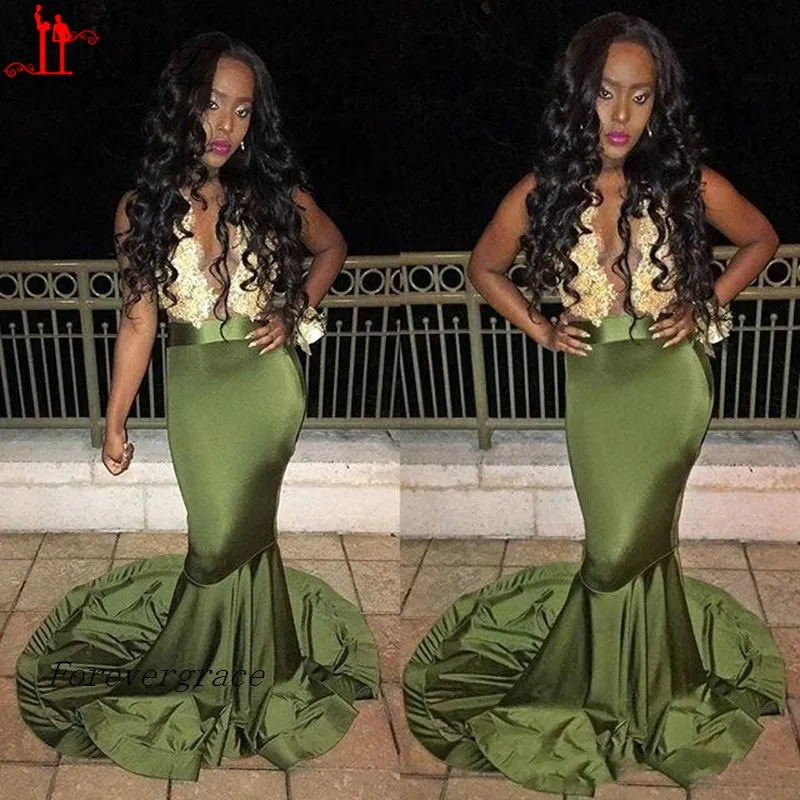 open lace back dress Spaghetti Straps Olive Green Satin Side Slit Long Evening Prom Dresses –  MarryLover main image 1