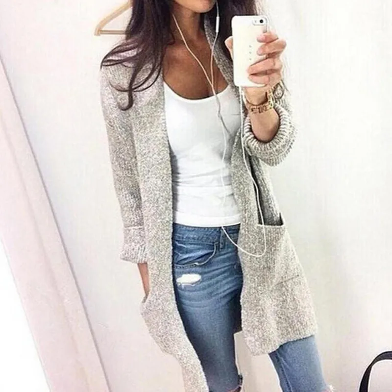 Zimowa kardigan dla kobiet Casual Fashion Solid Women Ciepłe dzianiny Cardigans O Neck Długi rękaw Długie swetry