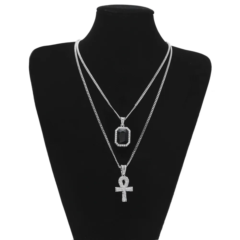 Hip Hop Jewelry Egyptian large Ankh Key pendant necklaces Sets Mini Square Ruby Sapphire with Cross Charm cuban link For mens Fash184m