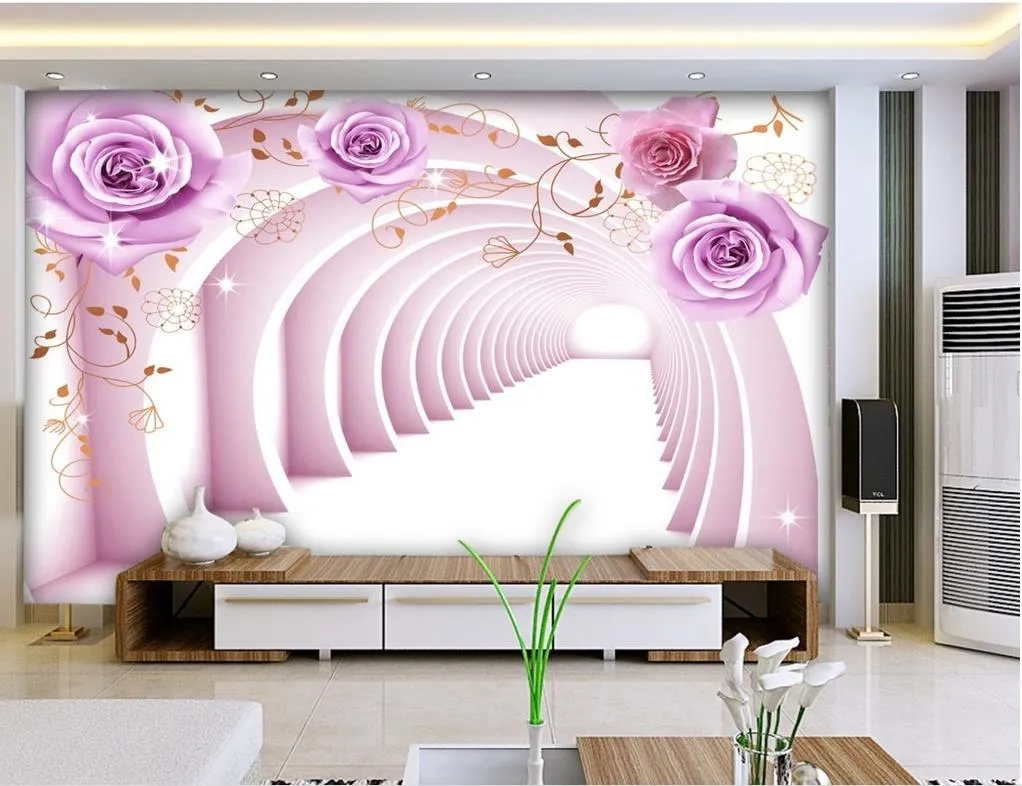 Benutzerdefinierte jede Größe 3D Space Purple Rose Wandbild Hintergrundbild Wandbild 3d wallpaper 3d Tapeten für TV Hintergrund