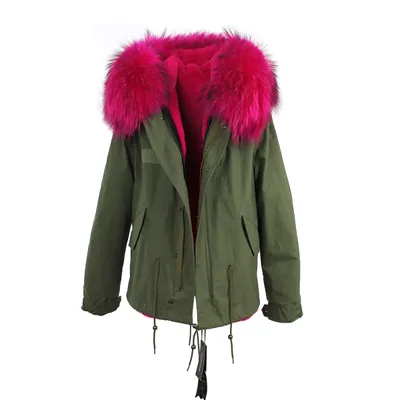 JAZZEVAR grey fur trim 100% rabbit fur lining army mini canvas parkas fur jackets winter snow coats as mrs style