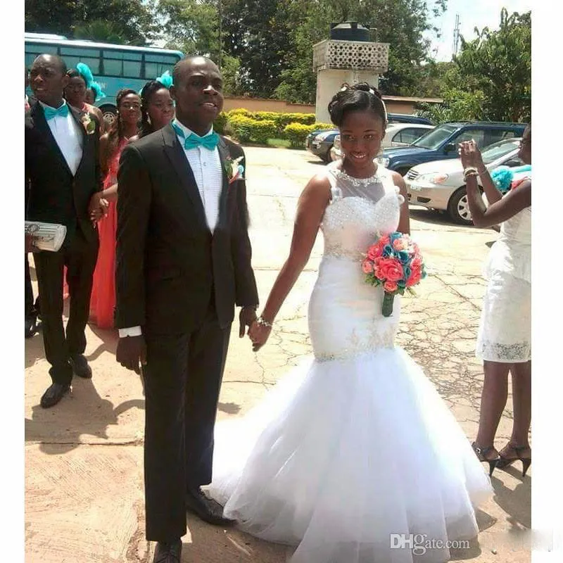 2018 Nigerianisches Brautkleid Meerjungfrau Brautkleider China Tüll Applikation Perlen Brautkleid Hochzeitskleid Maßgeschneiderte Sweep-Zug-Kleider