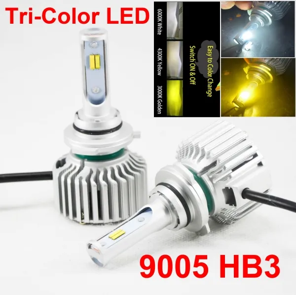 1 Set 9005 HB3 60W 8000LM TRI-Farbe LED-Scheinwerfer-Konvertierung CSP-Chips Goldenes Gelb Weiß 3000K 4300K ​​6000K 3 für 1 Lampen fahren Nebelregen