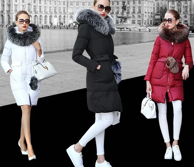 Dames Winter Natural Raccoon Fur Hooded White Duck Down Patded Medium Lange Warme Dikke Parka Coat Plus Size XXL