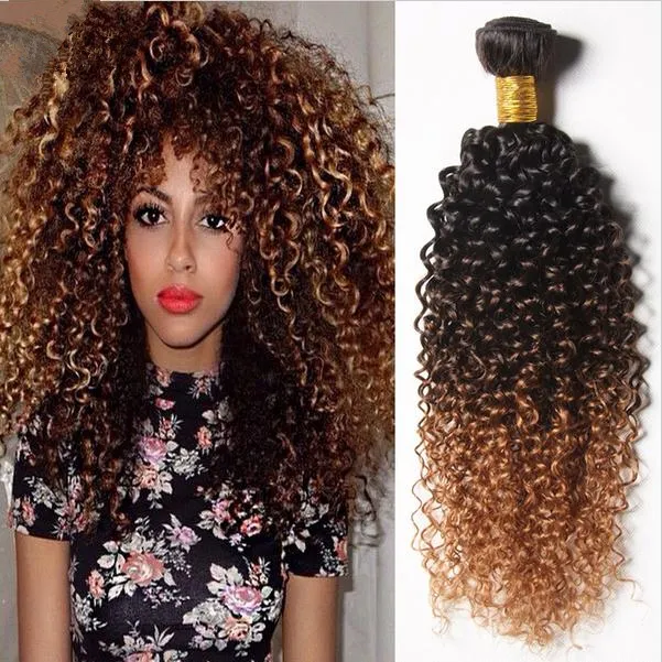 Dziewiczy Brazylijski Kinky Curly Ombre Human Włosy Wefts 3 sztuk Lot # 1B / 4/27 Honey Blonde 3Tone Ombre Brazylijski Dziewiczy Human Włosy Wiązki