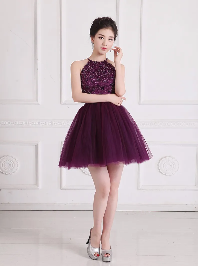 Purple Halter Keyhole Back Beaded Short Prom Dress with Built-in Bra and  Knee-Length Tulle Satin Skirt from Dhgate Prom Dresses - price 80.4