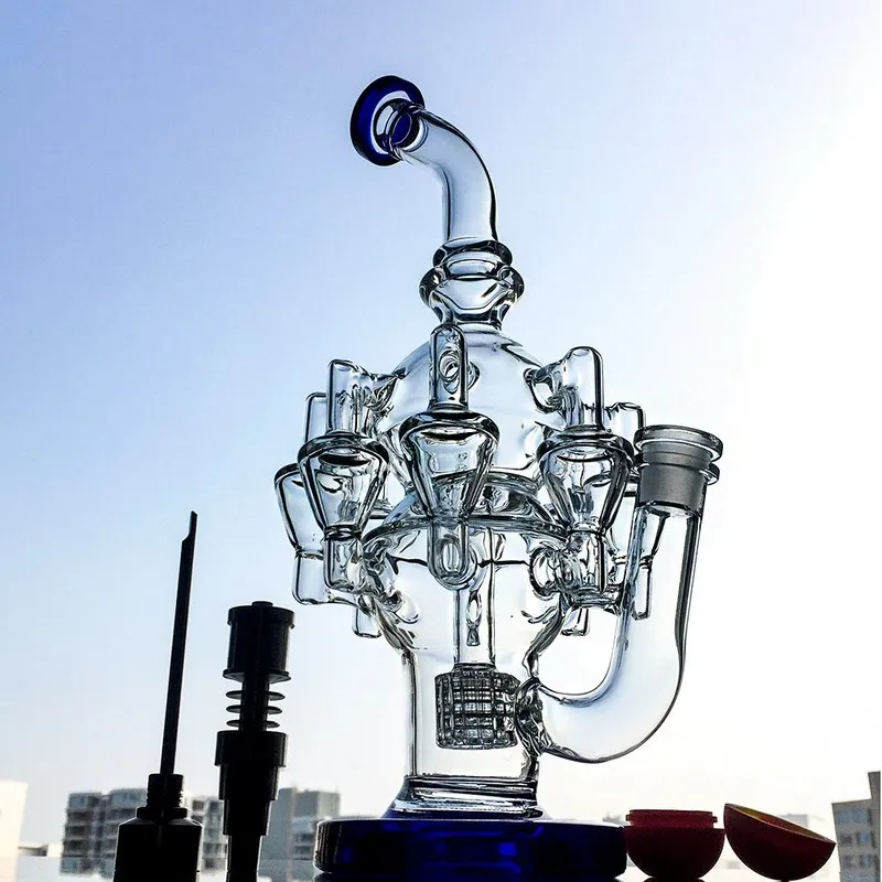 Hookahs Recycler Glass Bongs Matrix Perc Vattenrör Oljerigg med 14 mm Joint Octopus Arms Glass DAB Rigs OA01