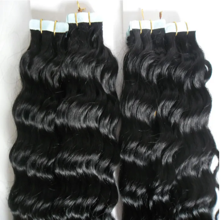 Fabryka najwyższa jakość 7A Indian Remy ludzkie włosy głębokie fala 1624039039 PU Tape on Hair Extensions 1 Jet Black Brown Kolor 4 O4043685