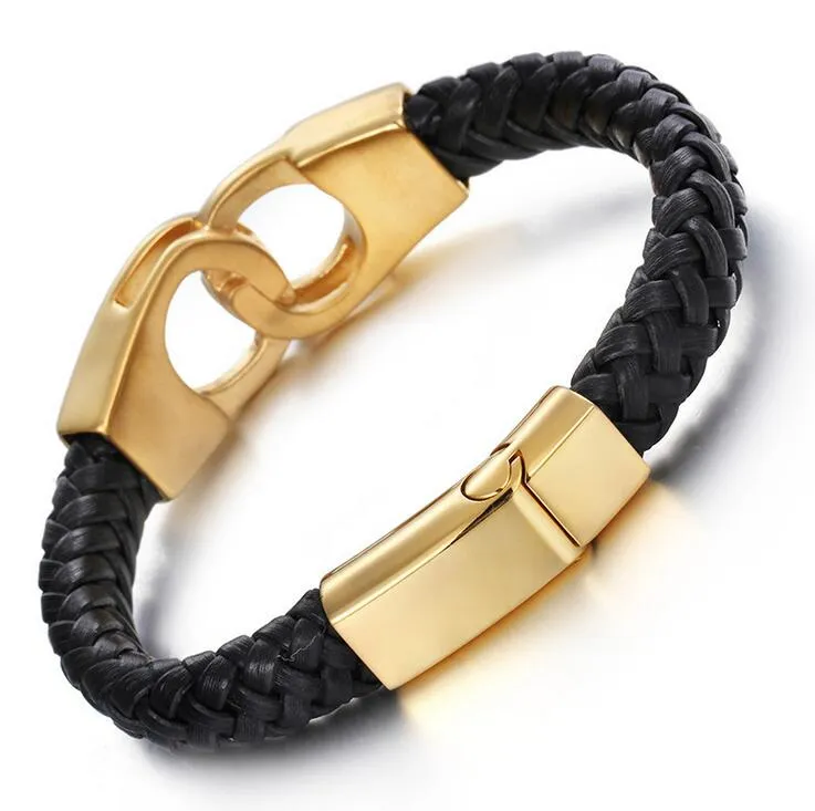 22CM * 21MM Jewelry Weaved Leather Wrap Bracelets Mens Black Genuine Leather Gold Silver Stainless Steel Bracelet Man Wristbands