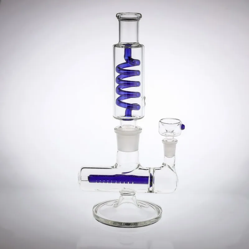 Avtagbar delglas Bongs Vattenrör Blå 12 tums fog 14.4 mm Inline Perc Rökning Hookahs Recyler Oil Rigs Glass Bongs